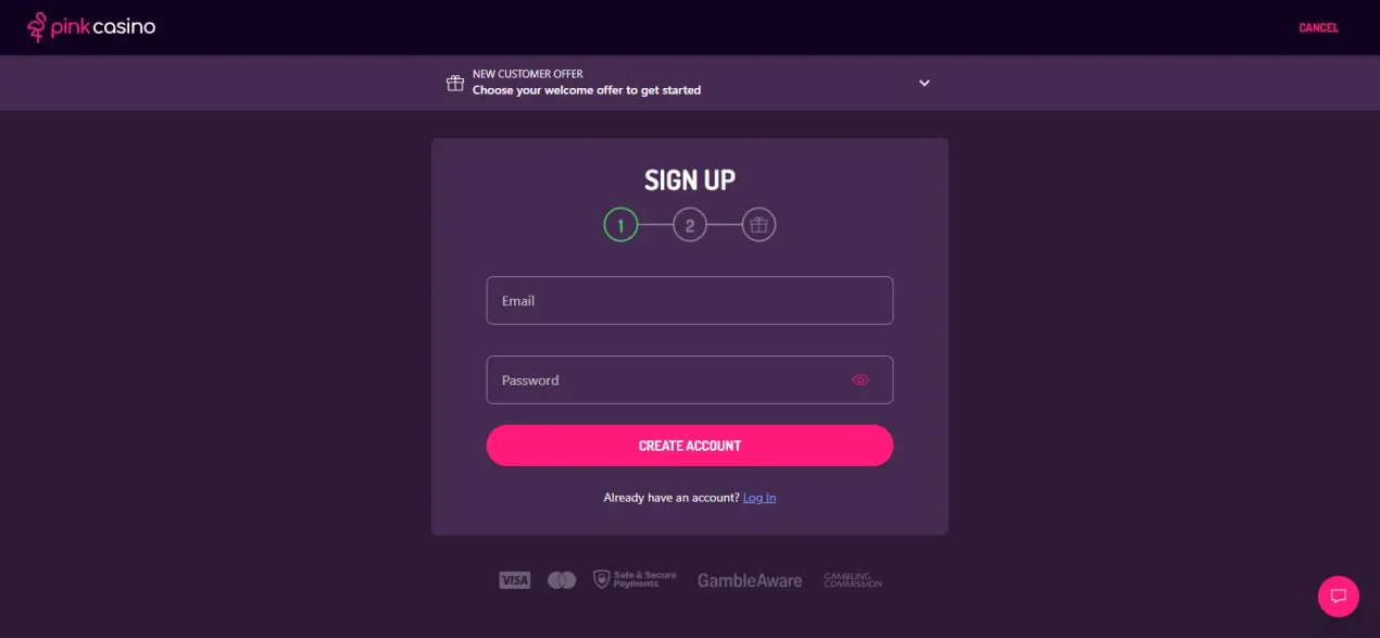 Pink Casino registration interface for opening a UK account