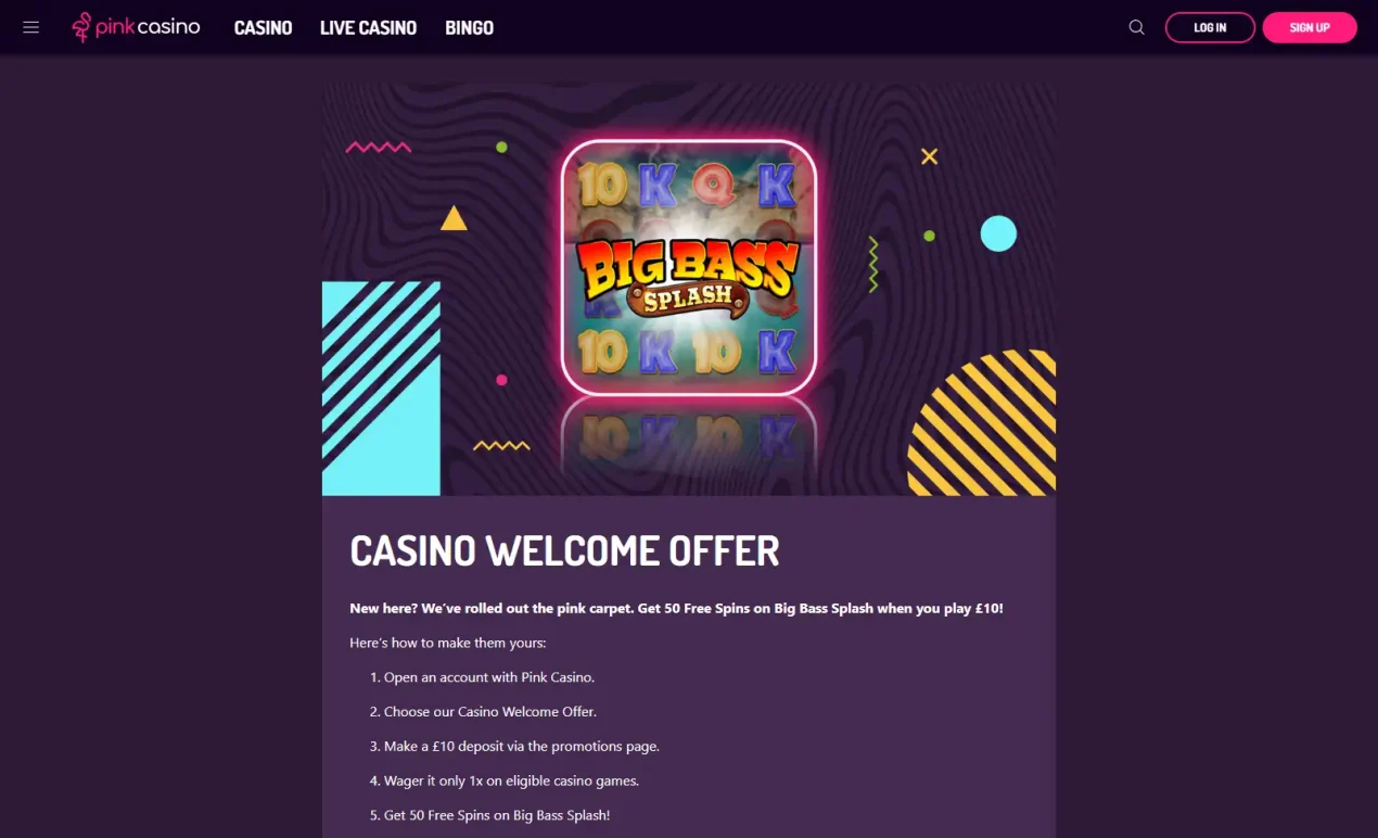 Current Pink Casino welcome offer page