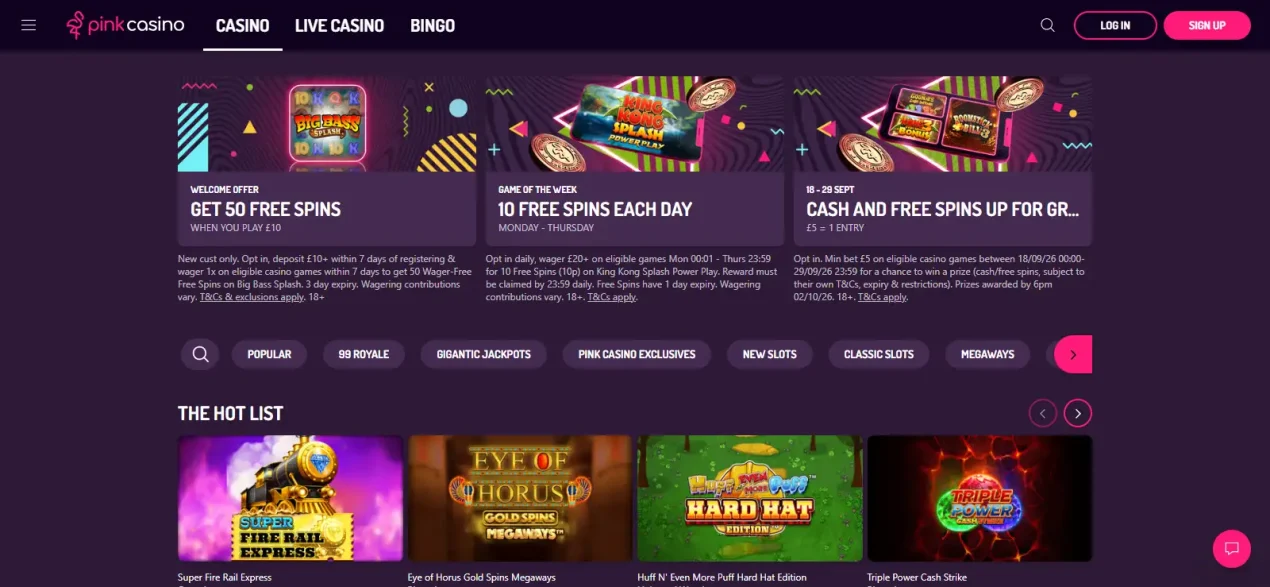 Pink Casino games lobby category navigation