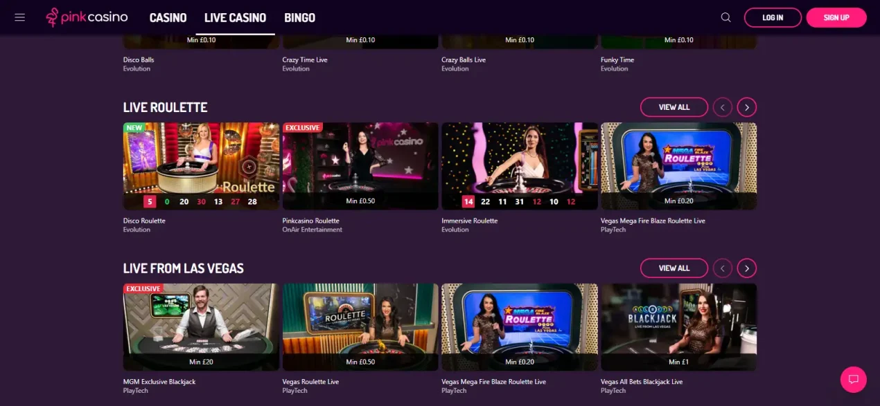 Pink Casino live casino lobby showing current live categories