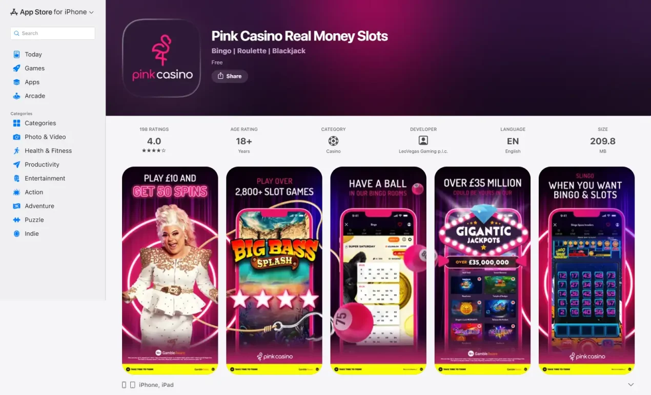 Pink Casino official mobile app listing showing current platform availability