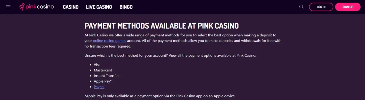 Pink Casino payment-method page showing supported UK payment options