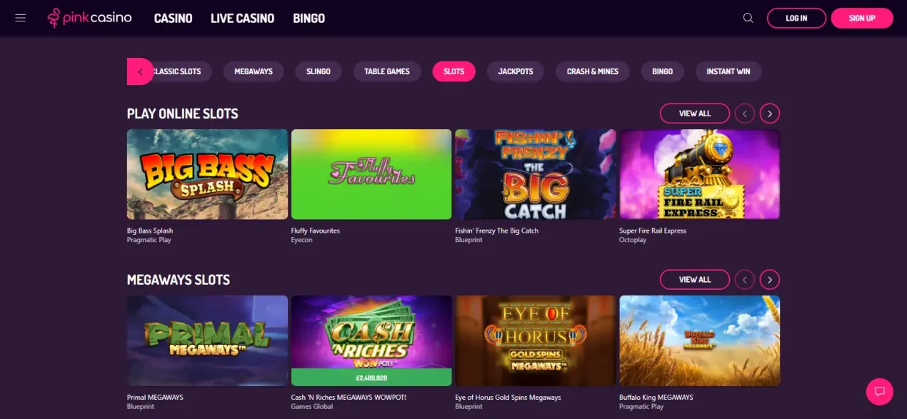 Pink Casino slots lobby with current category filters