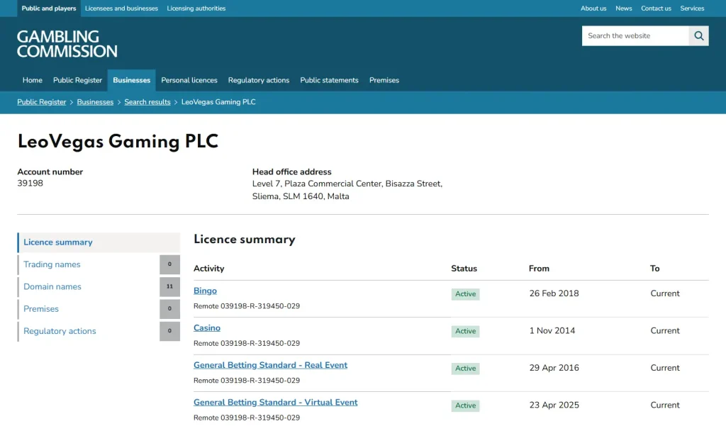 UK Gambling Commission register entry for LeoVegas Gaming PLC and Pink Casino
