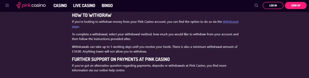 Pink Casino withdrawal and payment guidance showing the current cashout rules