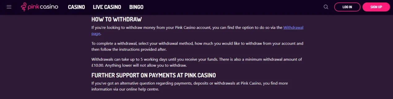 Pink Casino withdrawal and payment guidance showing the current cashout rules