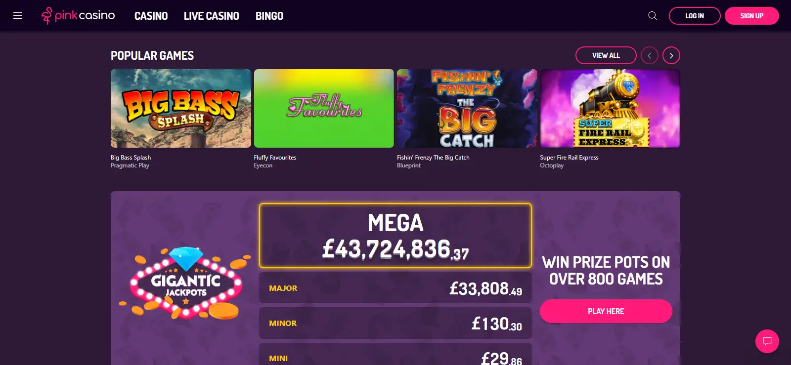 Pink Casino UK homepage or main navigation showing the live UK-facing website